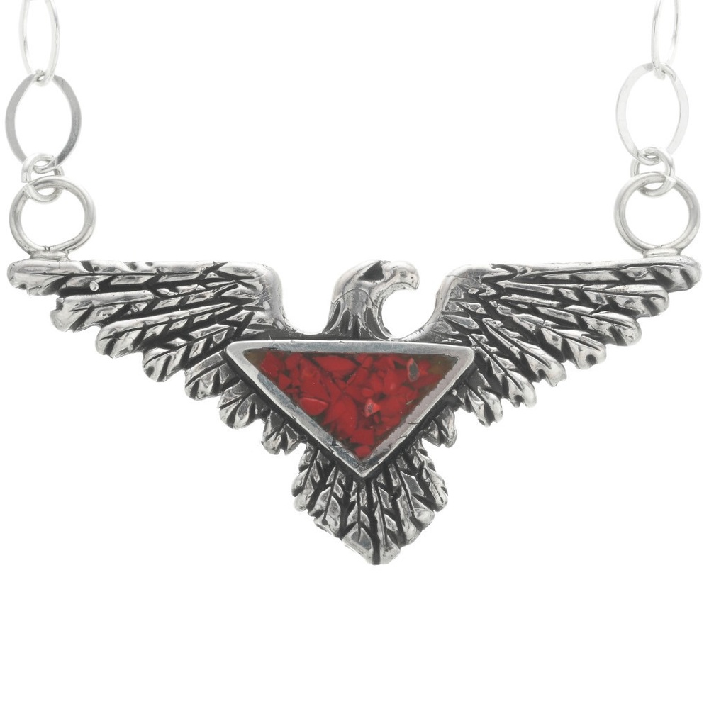 Inlaid Coral Silver Eagle Pendant Link Necklace (New)